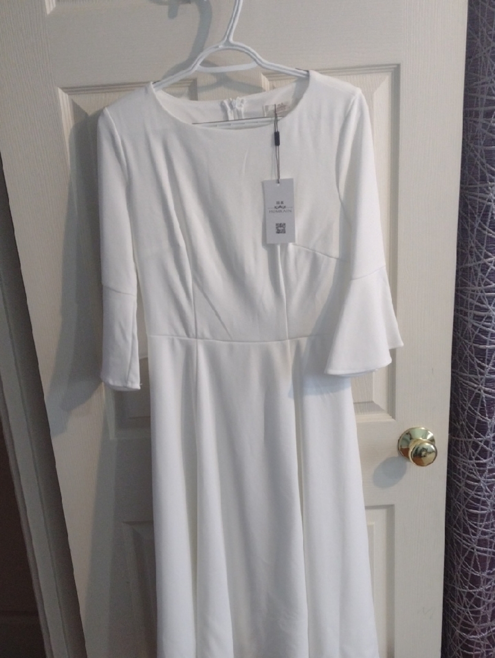 Women's White Long-Sleeve A-Line Dress with Flared Sleeves